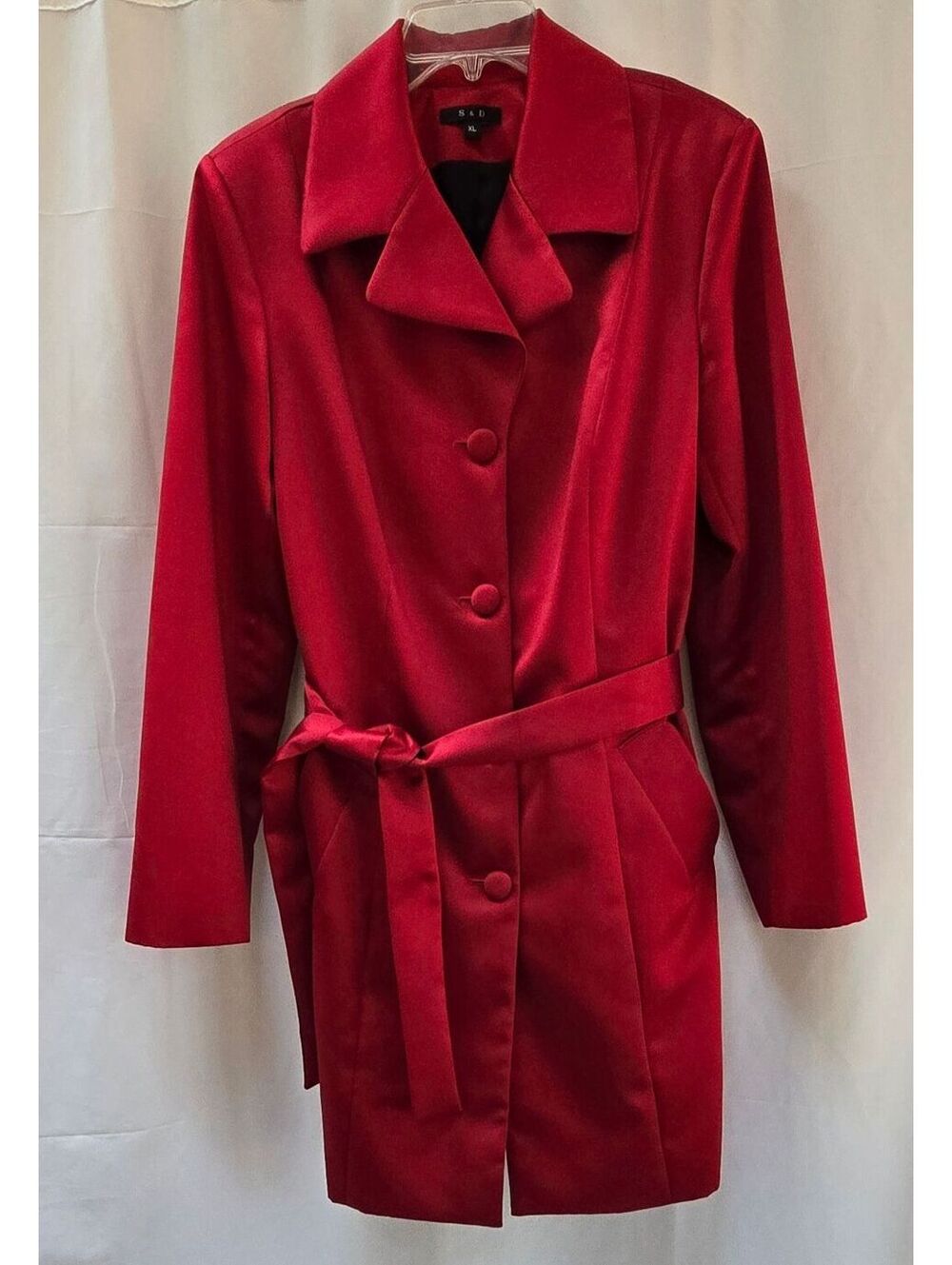 S & D Women's XL Red Belted Trench Coat Button Front Made in USA